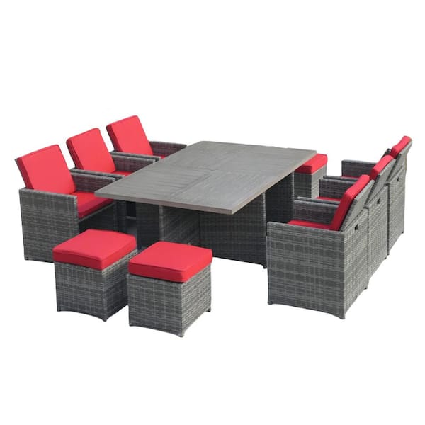 DIRECT WICKER Pipeline Grey 11-Piece Wicker Rectangular Outdoor Dining Set with Red Cushion, Aluminum Table Top
