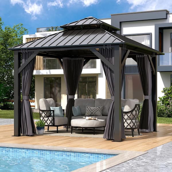 COVERONICS 8.5 ft. x 8.5 ft. Aluminum Frame Double Galvanized Steel Roof Hardtop Gazebo with Netting and Curtain for Patio, Garden