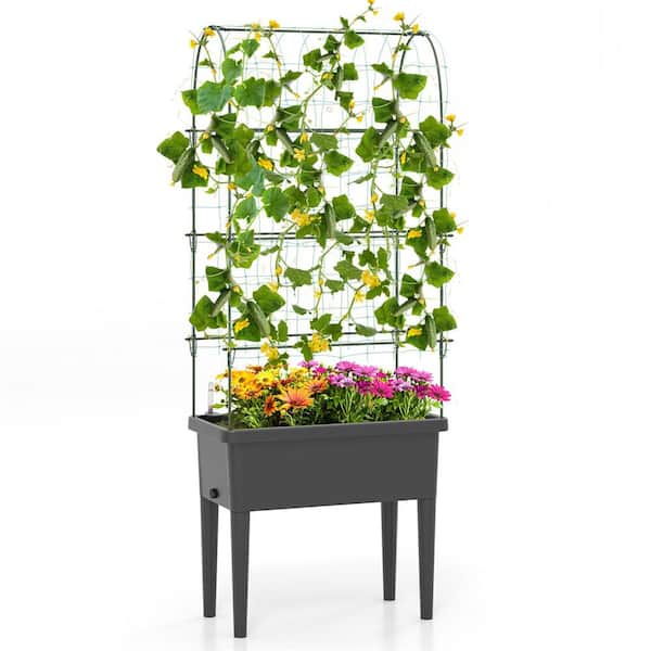 HONEY JOY Metal Raised Garden Bed with Trellis Self-Watering Water Level Observer Drainage Holes Climbing Net and Detachable Legs