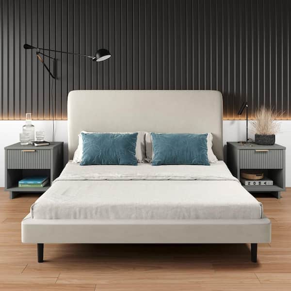 Manhattan Comfort Granville Light Grey 1-Drawer 18.11 in. W Modern Nightstand (Set of 2)
