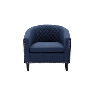 Navy Modern Linen Fabric Upholstered Accent Barrel Chair with Nailheads and Solid Wood Legs