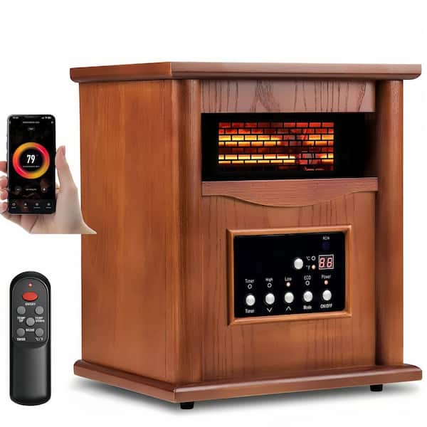 1500W Electric Infrared Space Heaters In Chestnut brown,with Wood Cabinet with Remote and WiFi Control,for Living Space