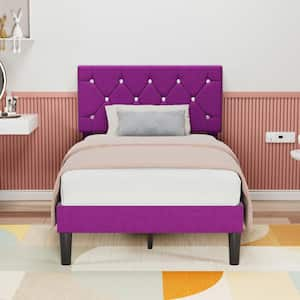 Upholstered Bed, Platform Bed with Adjustable Headboard, Wood Slat Support, No Box Spring Needed, Purple Twin Bed Frame