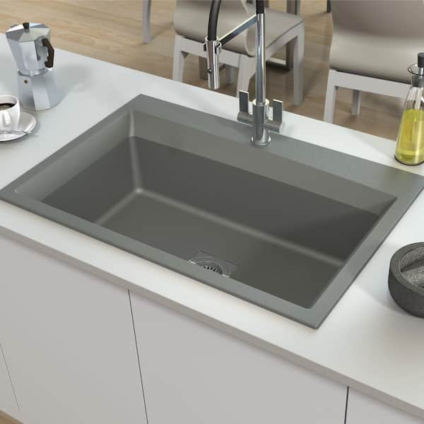 Gray 33 x 22 x 9 Transolid RTSS3322-17-CBDE Radius Granite 4-Hole Drop-In Single-Bowl Kitchen Sink 