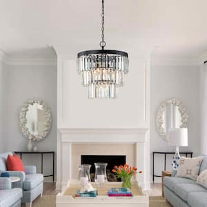 17.5 in. 5-Light Black Modern Tiered Chandelier Flush Mount with K9 Crystal and No Bulb Included