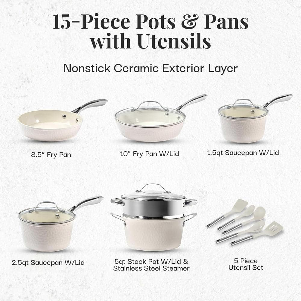 Cream Hammered 15-Piece Ceramic Nonstick Cookware Set with Utensils