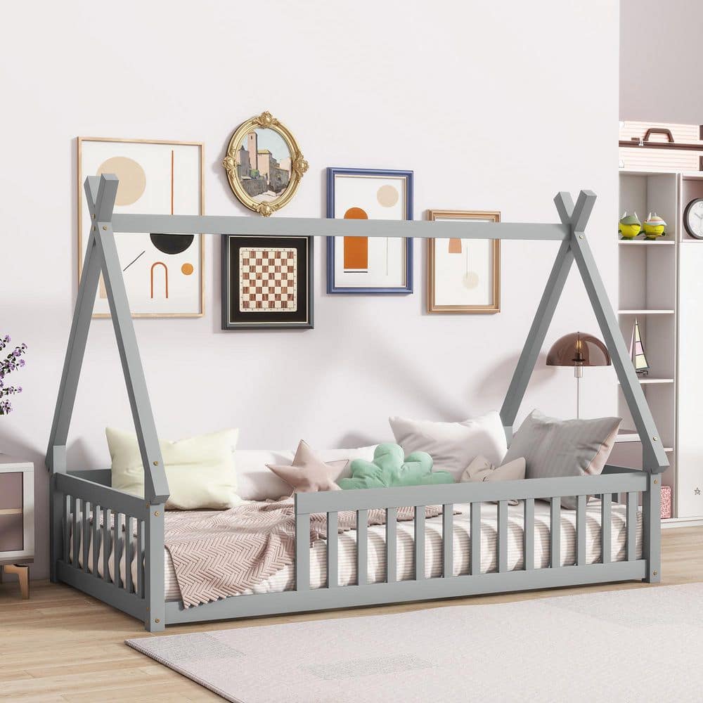 Tent-Shaped Teepee Gray Rubber Wood Frame Twin Platform Bed with Guardrails and Slats price history on PriceWatchPro