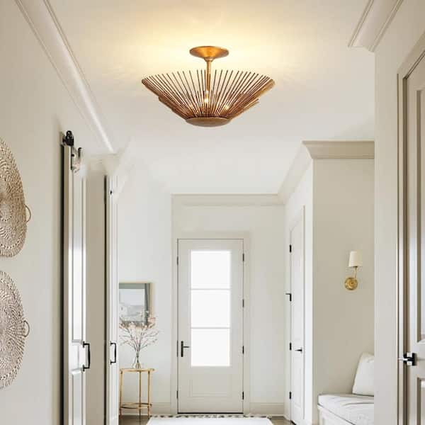 HUOKU Dopul 3-Light 17 in.W Distressed Gold Semi-Flush Mount Cone