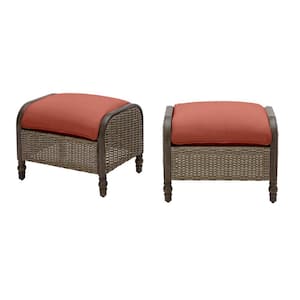 Windsor Brown Wicker Outdoor Patio Ottoman with Sunbrella Henna Red Cushions (2-Pack)