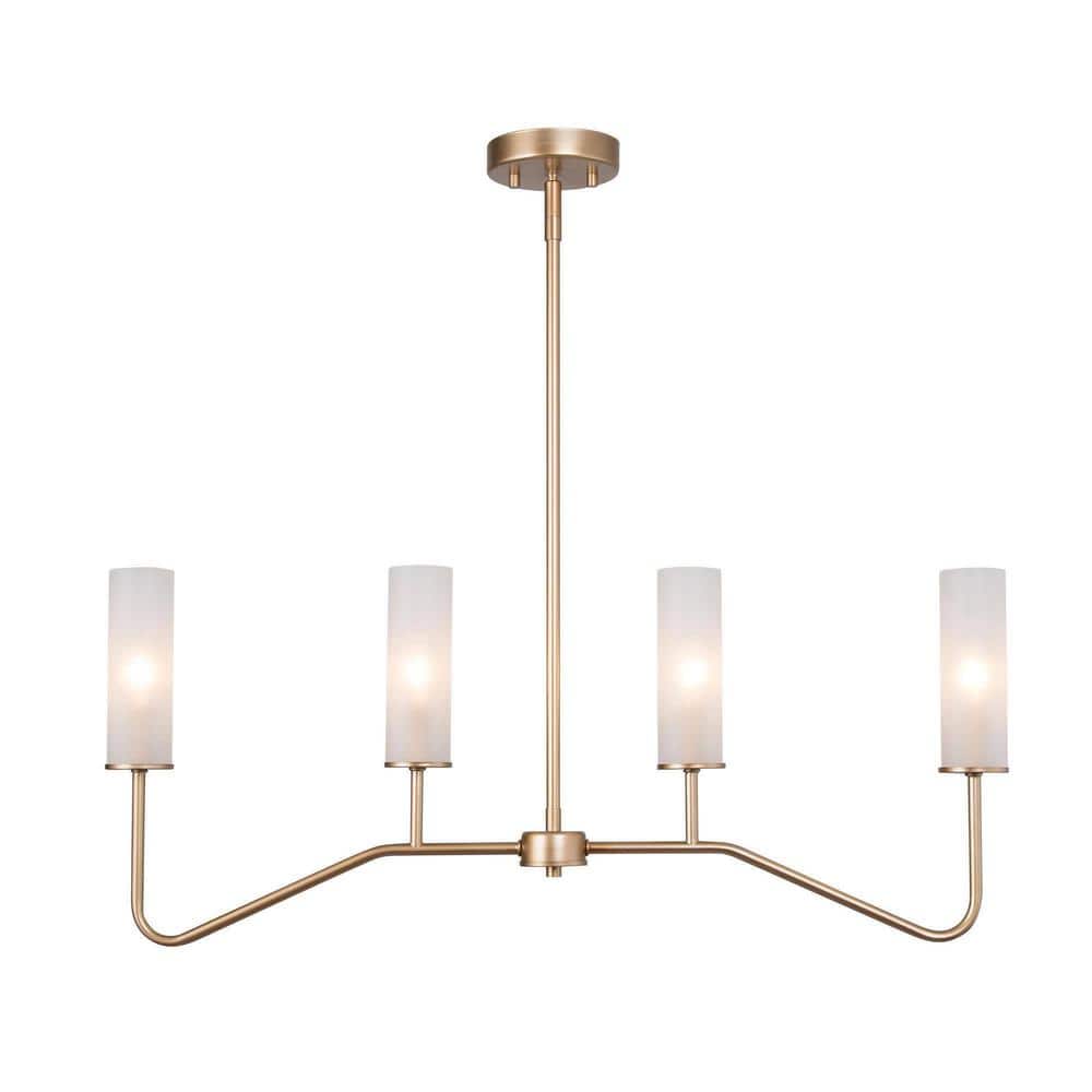 Modern 4-Light Gold Linear Chandelier with Cylinder Frosted Glass Shades an