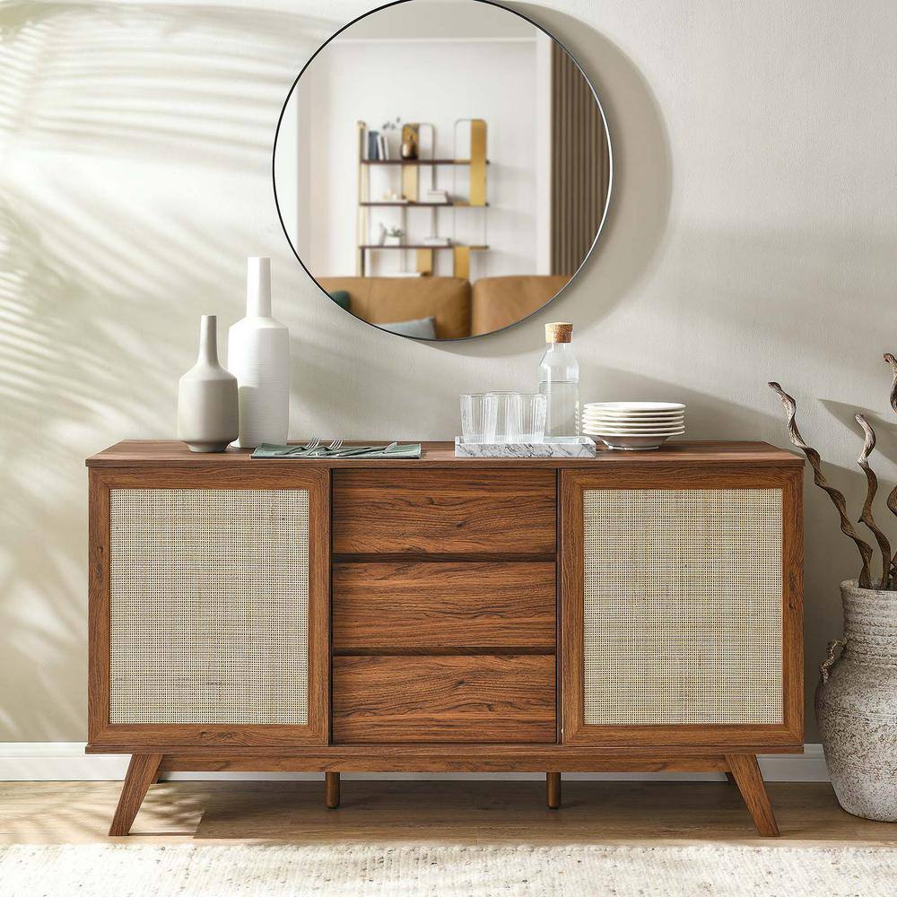 Soma 59" Walnut and Rattan Mid-Century Modern Sideboard