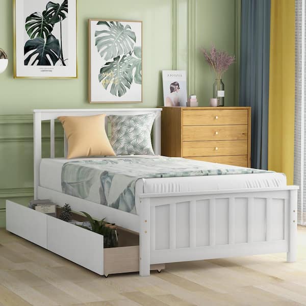 ANBAZAR Twin Size White Wood Platform Bed with Two Drawers