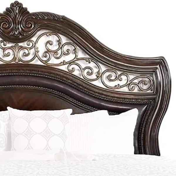 Benjara Odora Brown Cherry and Gold Wood Frame Queen Panel Bed