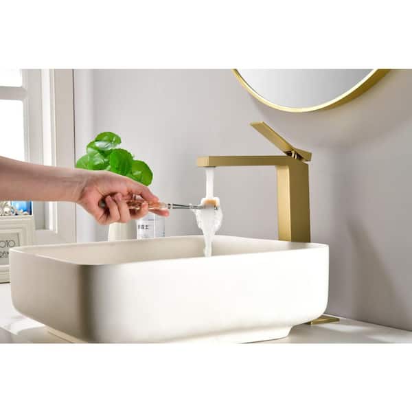 12 in. Solid Brass Single Handle Vessel Sink Bathroom Faucet with Deckplate Included and Drain Kit in Brushed Gold