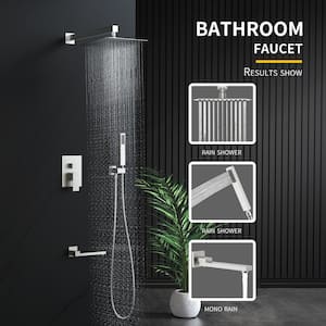 12 in. Single-Handle 3-Spray Square Tub and Shower Faucet with Rotatable Tub Spout and Hand Shower in Brushed Nickel
