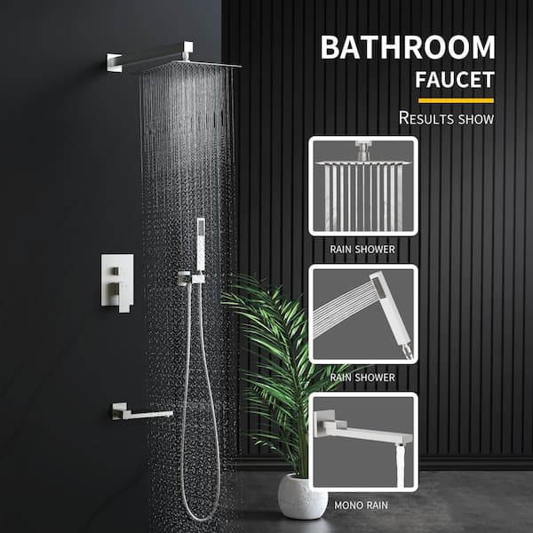 12 in. Single-Handle 3-Spray Square Tub and Shower Faucet with Rotatable Tub Spout and Hand Shower in Brushed Nickel