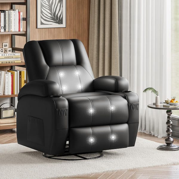 Rocking Recliner Chair with 8-Point Massage, 360° Swivel PU Leather Chair with 2 Cup Holders and Side Pockets, Black
