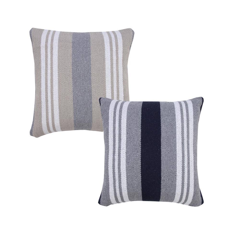 Navy Gray White Cotton Striped Square Throw Pillow