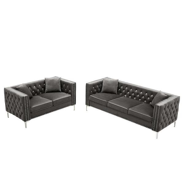 Z-joyee 82.3 in. Square Arm Velvet Modern Straight 3-Seat Sofa with Loveseat and Jeweled Button Tufted Copper Nails in Gray