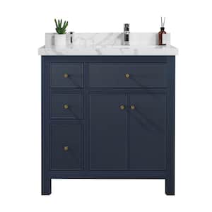 Sonoma 36 in. W x 22 in. D x 36 in. H Right Offset Sink Bath Vanity in Navy Blue with 2 in Calacatta Laza Quartz Top