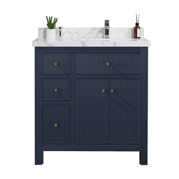 Willow Collections Sonoma 36 in. W x 22 in. D x 36 in. H Right Offset Sink Bath Vanity in Navy Blue with 2 in Calacatta Laza Quartz Top