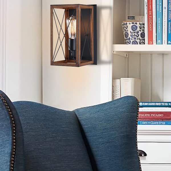 Hukoro 14.37 in. H 1-Light Black And Barnwood Accents Wall Lantern Sconce
