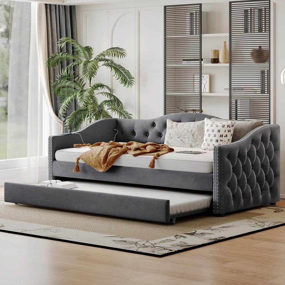Fawn Gray Twin Size Velvet Fabric Upholstered Daybed with Trundle, LED Light, USB Charging Station