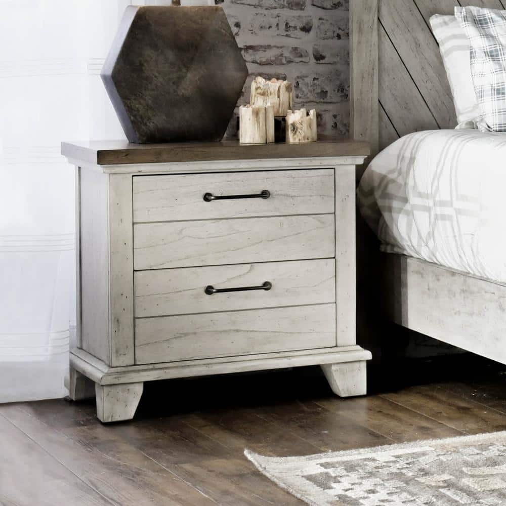 Rustic Ivory Farmhouse 2-Drawer Nightstand with Honey Accents