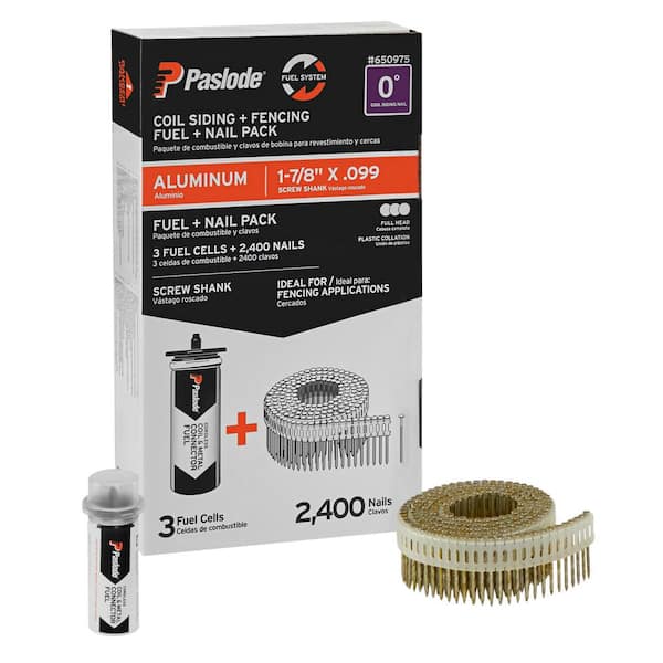 Paslode 1-7/8 in. x 0.099 in. 0 Degree Plastic Strip Aluminum Coil Fencing Nail with (3) Fuel Cells (2400 Ct.) 650975