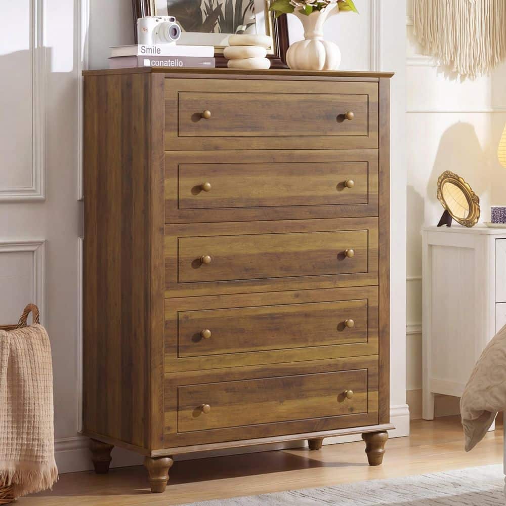 【DRAWER】ブラウン長袖カットソー Spruce & Spring Myra Walnut 5-Drawer 30.7 in. Tall Dresser with