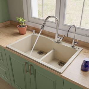 Drop-In Granite Composite 33 in. 1-Hole 35/65 Double Bowl Kitchen Sink in Biscuit