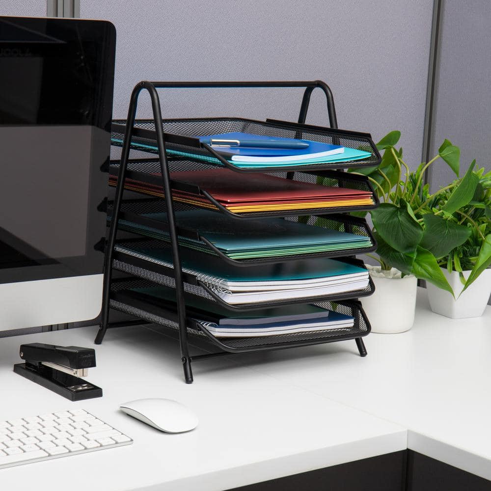 Black 5-Tier Steel Mesh Letter Tray Organizer