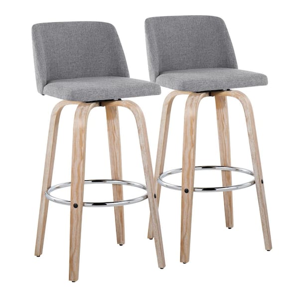 Lumisource Toriano 29.5 in. Grey Fabric, White Washed Wood and Chrome Metal Fixed-Height Bar Stool (Set of 2)