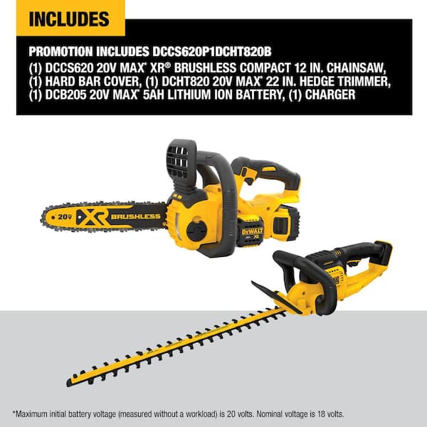 DEWALT 20V MAX 12 in. Brushless Battery Powered Chainsaw Kit & Hedge Trimmer with (1) 5.0 Ah Battery & Charger