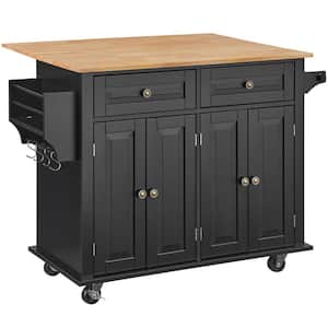 Kitchen Cart 43 in. Natural Wood Top Mobile Carts with Storage Compartment, Rolling Table with Leaf, Spice Shelf, Black