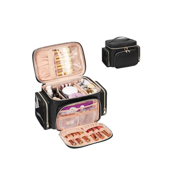 Black Large Capacity Travel Makeup Bag Organizer with Brush Compartment & Multiple Pockets for Women & Girls