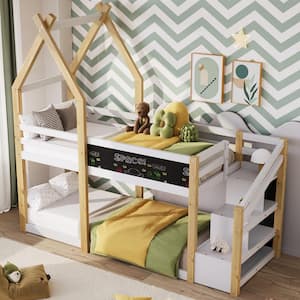 White Playhouse Style Twin Over Twin Bunk Bed, House Bed with White Storage Staircase and 1 Blackboards