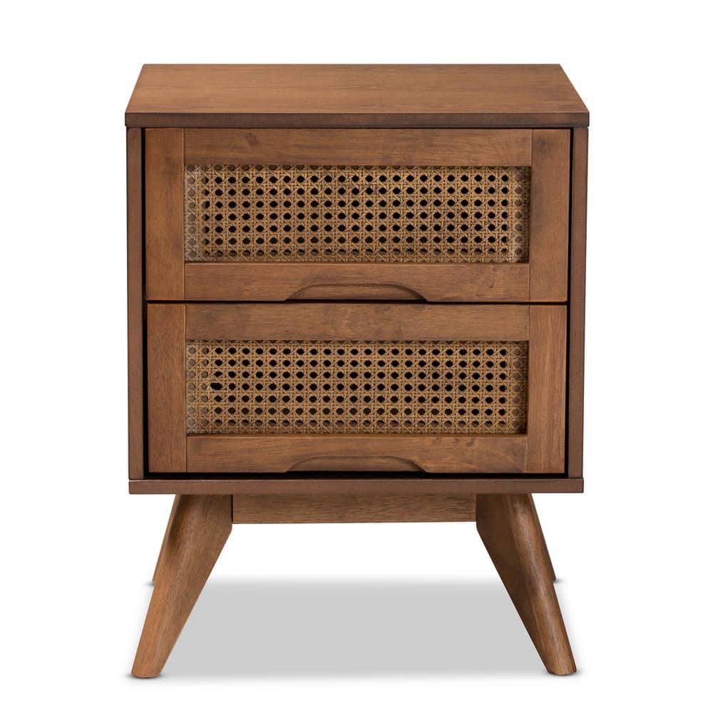 Walnut Brown Wood and Synthetic Rattan 2-Drawer Nightstand