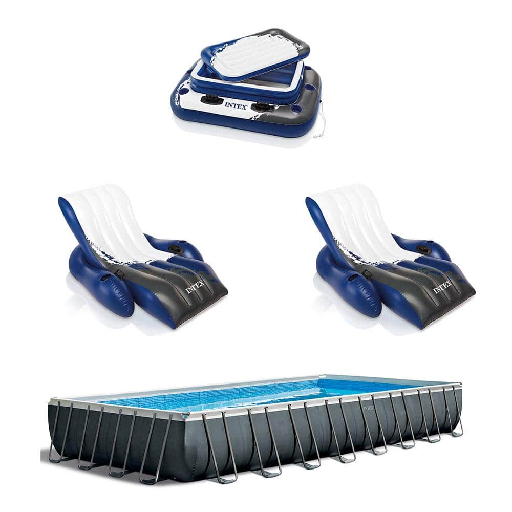 Intex Rectangular Swimming Pool Set with 2 Inflatable Loungers and Floating Cooler