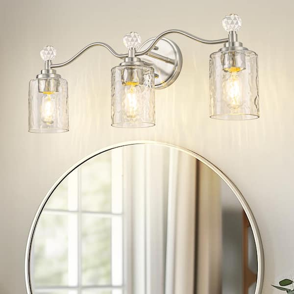YANSUN 24 in. 3-Light Brushed Nickel Bathroom Vanity Light with Crystal Accents and Clear Hammered Glass Shades
