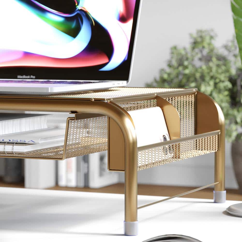 Gold Mesh Metal Desktop Monitor Stand Riser with Drawer