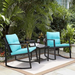 3-Piece Black Metal Outdoor Bistro Table with Blue Cushions and 2 Arm Chairs for Backyard, Poolside, Garden