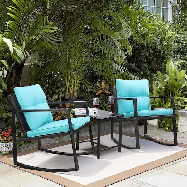 Zeus & Ruta 3-Piece Black Metal Outdoor Bistro Table with Blue Cushions and 2 Arm Chairs for Backyard, Poolside, Garden