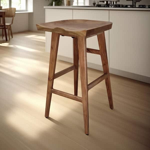 Tisa Natural Brown Acacia Wood Backless Barstool with Handcrafted Saddle Seat