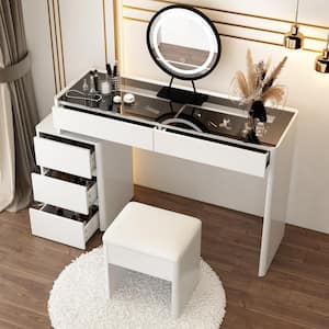 White Wood Makeup Vanity Sets Wood Dressing Desk with 5-Drawers, See-Through Glass Top Table, LED Light Mirror and Stool