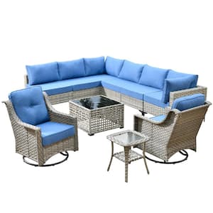 Howell 10-Piece Wicker Outdoor Patio Conversation Sofa Furniture Set with Swivel Rocking Chairs and Sky Blue Cushions