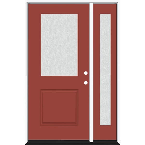 Steves & Sons Legacy 53 in. x 80 in. 1/2 Lite Rain Glass LHIS Primed Morocco Red Finish Fiberglass Prehung Front Door w/14 in. SL