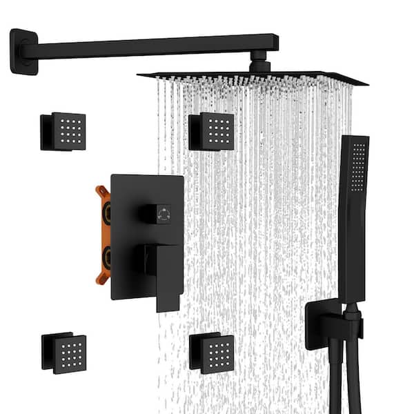 Kingdely Single-Handle 3-Spray Shower Faucet Handheld Shower Combo Kit with 4-Body Jets and Shower Head in Black with Valve