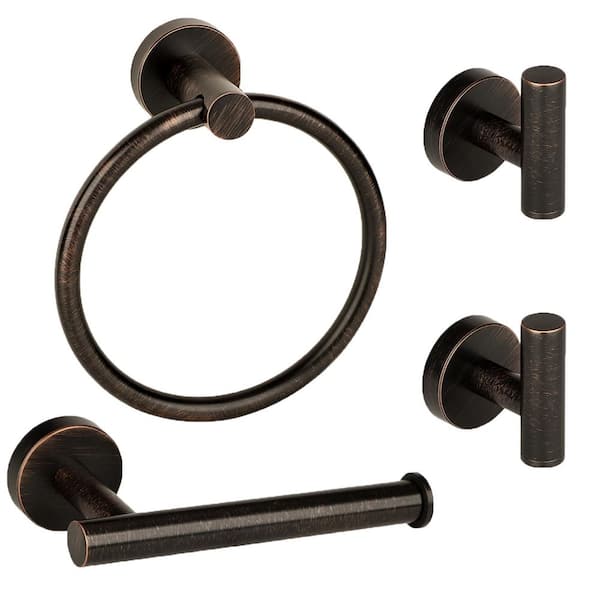4 Piece Bathroom Hardware Set Oil Rubbed Bronze Finish with Towel Ring Toilet Paper Holder 2-Robe Hooks