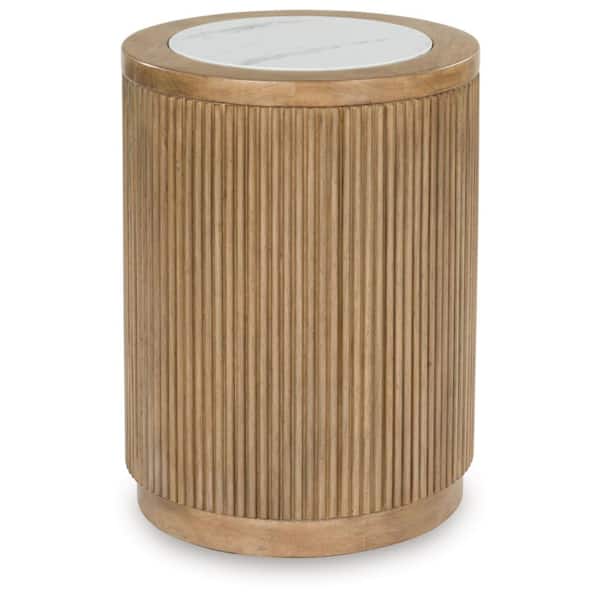 Camdill 18 in. Brown Round Faux Marble End Table with Pedestal Base